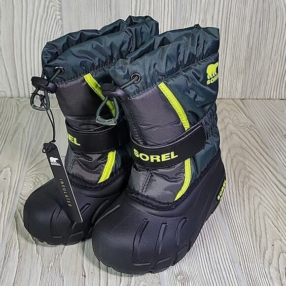 Sorel Flurry Winter Snow Boots Green Black Waterproof Kids Toddler Size 9 NIB - Picture 11 of 14